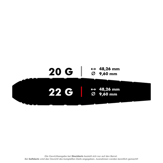 Das Bild zeigt zwei Gewichtsvarianten von Darts: 20 Gramm und 22 Gramm. Beide Varianten haben eine Länge von 48,26 mm und einen Durchmesser von 9,60 mm.