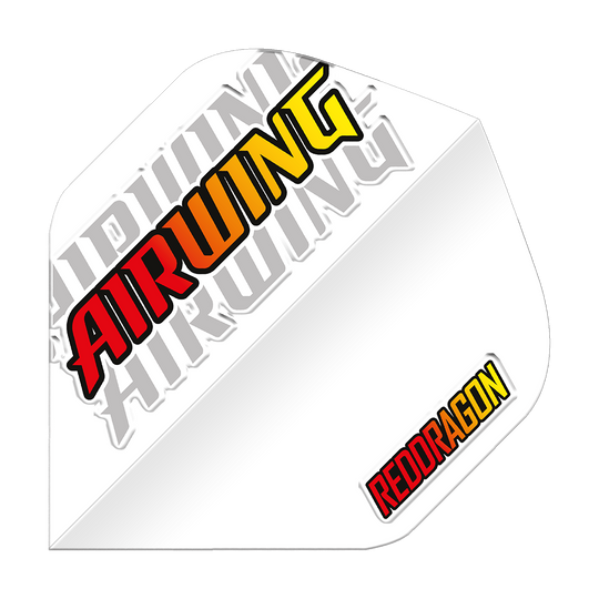 Red Dragon Airwing Red Logo Standaardvluchten Dieses Bild zeigt ein weißes Dartflügel-Produkt mit der Aufschrift „AIRWING“ in Rot, Orange und Gelb. In der unteren rechten Ecke steht das Logo „REDDRAGON“ ebenfalls in Rot und Gelb.