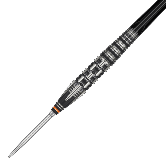 Target Japan Black Marque Dancing Duck GEN 4 stalen darts Das Bild zeigt einen Target Japan Black Marque Dancing Duck GEN 4 Steeldart. Der Dart hat ein auffälliges, schwarz-silbernes Design mit markanten Rillen für besseren Halt.