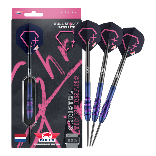 Bulls NL Christel Timmermans Satellite 90 stalen darts 25g Dieses Bild zeigt die Bulls NL Christel Timmermans Satellite 90 Steeldarts 25g in voller Ansicht. Sie sind ideal für das professionelle Dartspiel geeignet.