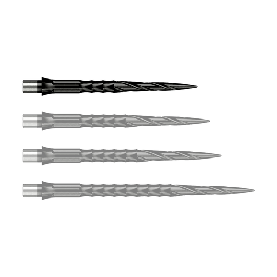 Caliburn System stalen dartpunten - Spiro - Geen lip - Zwart Das Foto zeigt Caliburn Evo System Steeldartspitzen Spiro NoLip Black in 28 mm Länge. Diese Dartspitzen sind in Schwarz gehalten und besonders langlebig.