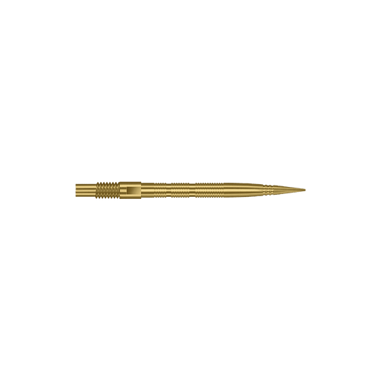 Harrows Quick Point Micro Ridge Dart Tips - Goud Das Bild zeigt goldene MicroRidge Dartspitzen in 26 mm Länge. Die Dartspitzen gehören wahrscheinlich zur Quick Point Serie von Harrows.