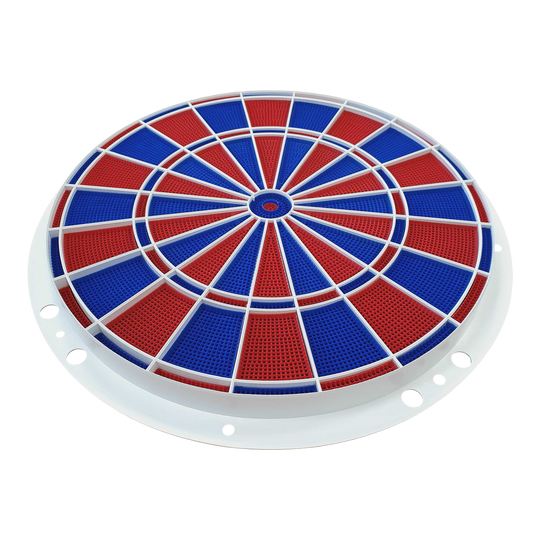 Löwen Dart reserveonderdelen 82 segment en spiderset Das Bild zeigt ein rundes Dart-Segment- und Spider-Set in den Farben Blau und Rot. Es handelt sich um ein Ersatzteil für elektronische Dartscheiben, Modell Löwen Dart 82er.