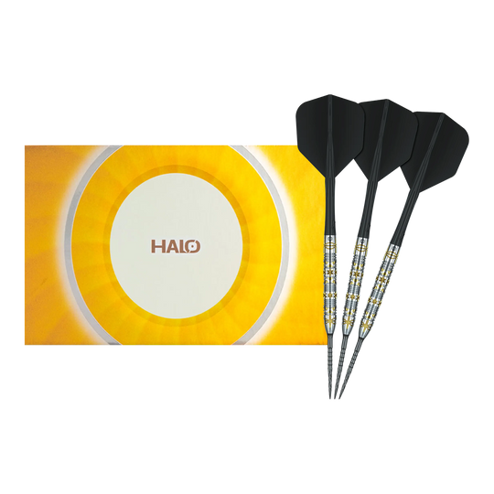 Caliburn Halo H1 stalen dartpijlen - 22,5 g Gezeigt wird ein vollständiges Set der Caliburn Halo H1 Steeldarts - 22,5 g. Die hochwertigen Pfeile sind ideal für den Dartsport.