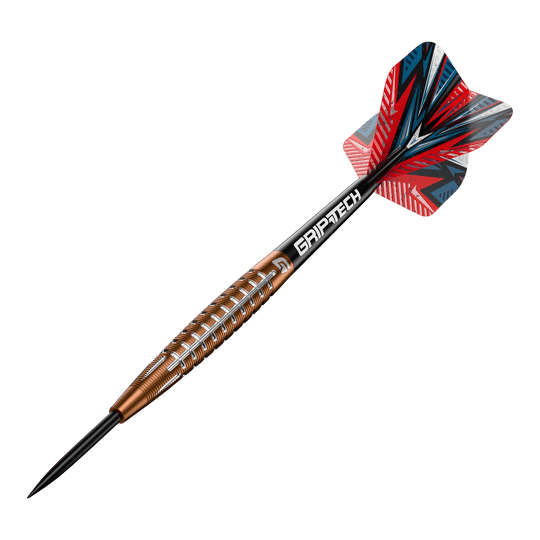 GOAT Quarterback V1 Tungsten Steel Darts Das Bild zeigt einen GOAT Quarterback V1 Tungsten Steeldart. Der Dartpfeil hat ein auffälliges Design mit einer rot-blauen Flight und einem goldenen Griff mit silbernen Rillen.