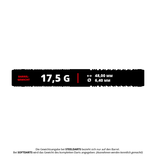 Das Bild zeigt die Produktspezifikationen der Target Japan Black Marque Reyn GEN2 Softdarts mit einem Gewicht von 17,5 Gramm. Die Barrel-Länge beträgt 48,00 mm und der Durchmesser 6,40 mm.