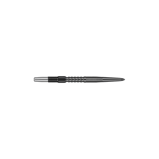Target Swiss Firepoint Zwarte dartpunten Das Bild zeigt eine schwarze Dartspitze mit geriffeltem Griff. Sie ist schlank und weist eine Länge von etwa 26 mm auf.
