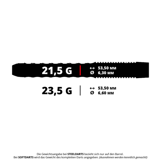 Caliburn Sword S1 stalen pijlen Das Bild zeigt zwei Gewichtsklassen für Steeldarts: 21,5 g mit 53,50 mm Länge und 6,30 mm Durchmesser sowie 23,5 g mit 53,50 mm Länge und 6,60 mm Durchmesser. Unten steht ein Hinweis, dass sich die Gewichtsangabe bei Steeldarts nur auf das Barrel bezieht.