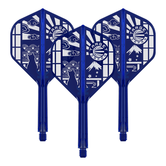 Target Japan K-Flex Blue Limited No2 Standaardvluchten Das Bild zeigt ein Set vom Target Japan K-Flex Blue Limited No2 Flights 26mm. Es handelt sich um blaue Dartflights in einem Set.