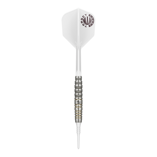 Das Bild zeigt einen Softdart der Serie "Target Japan Prime Series Mayujo Morita GEN6" mit einem Gewicht von 18g. Der Dart hat eine weiße Flight mit Logo und einen silberfarbenen, fein gerillten Barrel.