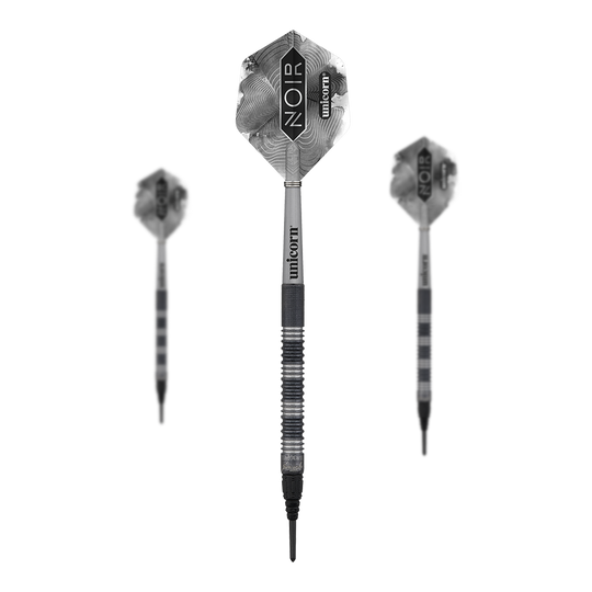 Unicorn Noir James Wade zachte darts Auf dem Bild sind drei elektronische Softdarts zu sehen. Die Dartpfeile sind mit schwarz-silbernen Flights und der Aufschrift "NOIR" und "unicorn" versehen.