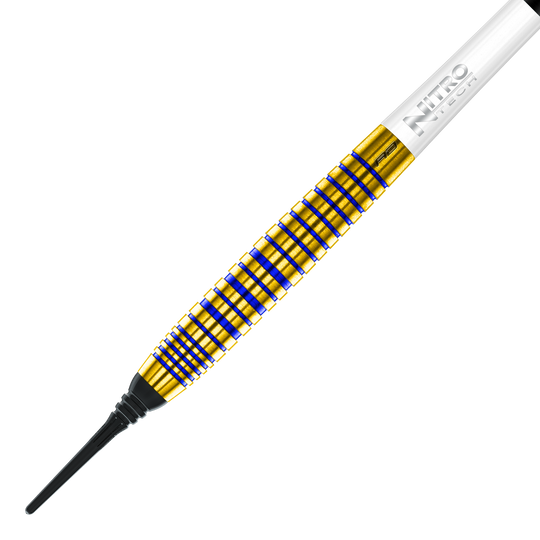 Red Dragon Luke Humphries TX3 Gold SE Softdarts - 20g Das Bild zeigt einen Softdart aus der Serie „Red Dragon Luke Humphries TX3 Gold SE“ mit einem Gewicht von 20 Gramm. Der Dart hat einen goldenen Schaft mit blauen Rillen und einer weißen „Nitro Tech“-Schraube.