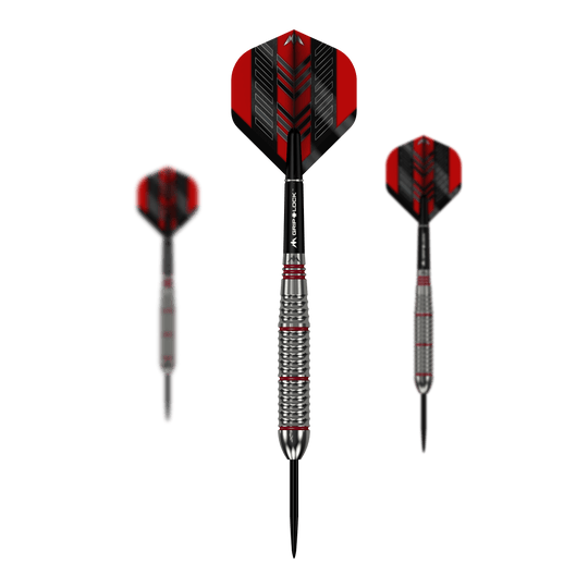 Mission Rogue Brass Steel Darts - 22g Das Bild zeigt drei Mission Rogue Brass Steeldarts mit einem Gewicht von 22g. Die Darts haben rote und schwarze Flights sowie silberne, gerillte Barrels.