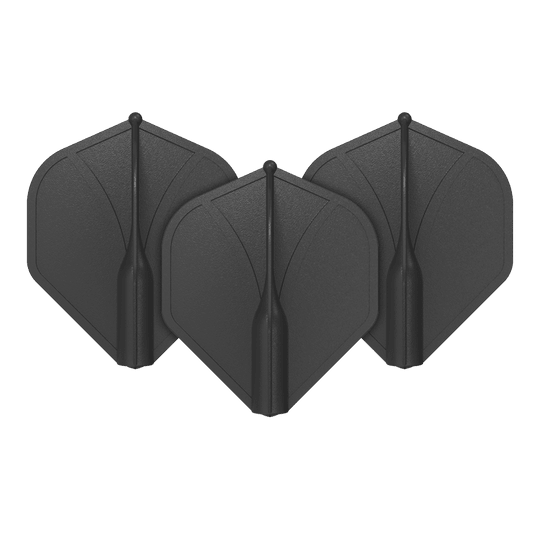Shot Airfoil Molded No2 Standaard Vluchten Auf dem Bild sind drei schwarze Dart-Flights zu sehen. Sie stehen aufrecht nebeneinander und haben eine standardmäßige, geformte Flügelform.
