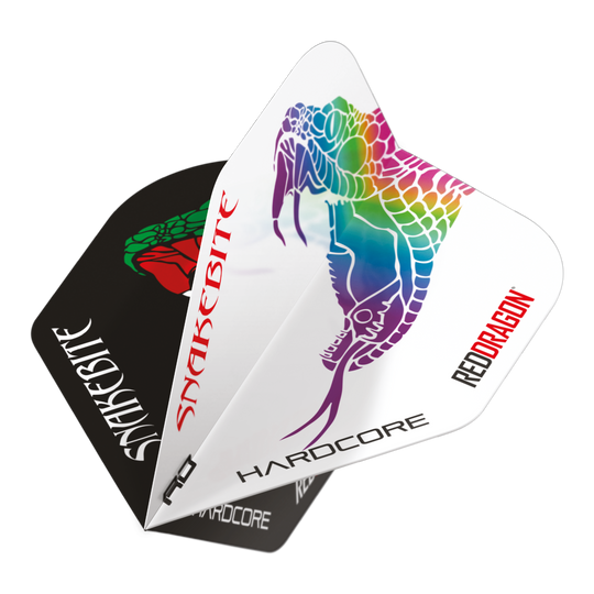 Red Dragon Peter Wright Slangenbeet Zwart Wit Yin Yang Standaardvluchten Das Bild zeigt die Red Dragon Peter Wright Snakebite Black White Yin Yang Standard Flights für Darts. Auf den Flights sind bunte Schlangenmotive und die Schriftzüge "Snakebite" und "Red Dragon" zu sehen.