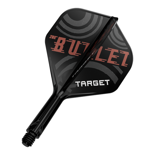 Das Bild zeigt einen schwarzen Dartpfeil mit der Aufschrift „THE BULLET“ und „TARGET“ auf den Flügeln. Die Flügel haben ein modernes, kreisförmiges Design in Grau und Rot.