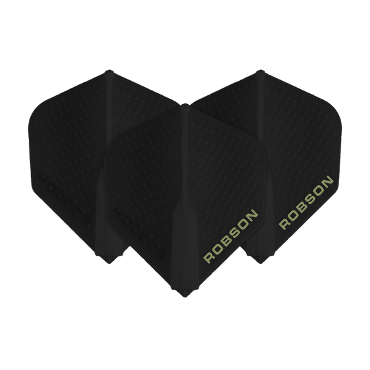 Robson Plus Dimple Flights - Zwart Das Bild zeigt drei schwarze Robson Plus Dimple Flights für Dartpfeile. Auf den Flights steht der Schriftzug "ROBSON" in heller Farbe.