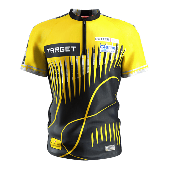 Target Coolplay Scott Williams 2025 dartshirt Das Bild zeigt ein Dartshirt in den Farben Gelb und Schwarz mit auffälligem modernem Muster. Auf dem Shirt sind mehrere Sponsorenlogos, darunter "TARGET", zu sehen.