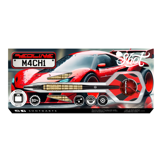 Shot Redline Mach 1 zachte dartpijlen - 20g Das Bild zeigt die Verpackung der "Shot Redline Mach 1 Softdarts - 20g". Auf der Packung ist ein roter Sportwagen zusammen mit einem abgebildeten Softdart-Pfeil zu sehen.