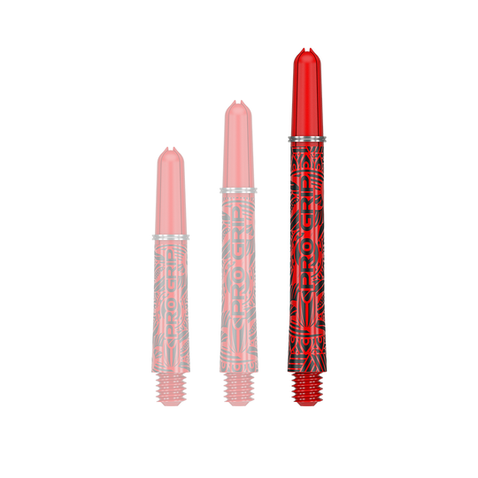 Das Bild zeigt drei rote Dart-Schäfte mit schwarzem Muster und der Aufschrift „PRO GRIP“. Sie sind in verschiedenen Längen angeordnet.