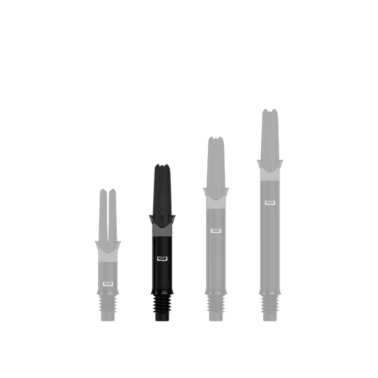 L-L-Style-Shafts Silent Straight - Zwart Auf dem Bild sind drei schwarze, gerade Dartshafts ohne Kappen in unterschiedlicher Länge zu sehen. Sie stehen nebeneinander aufgereiht vor transparentem Hintergrund.