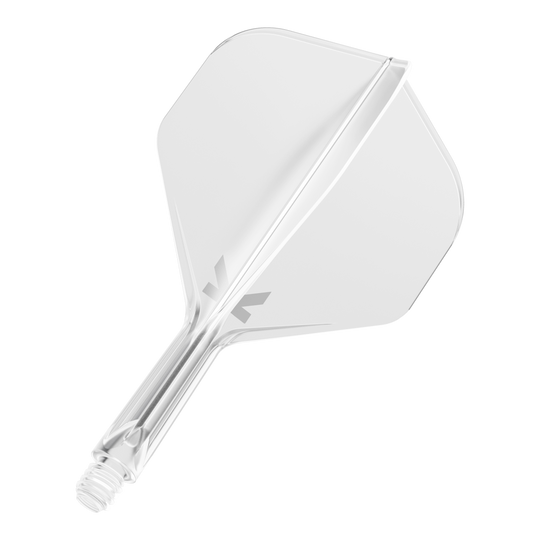 Target K-Flex No2 Standaard Vluchtsysteem - Helder Das Bild zeigt einen durchsichtigen Dartflug mit integriertem Schaft. Das Design ist schlicht und klar, mit einem kleinen grauen Logo am Schaftansatz.
