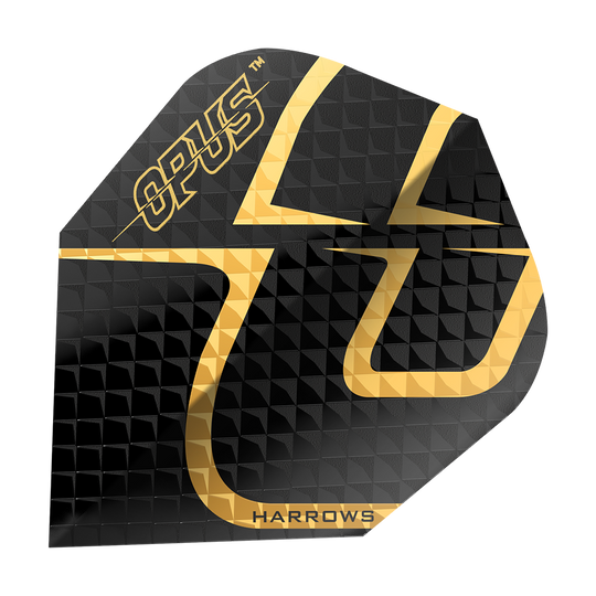 Harrow's Opus Versie 2 Vluchten Das Bild zeigt das Produkt "Harrows Opus Version 2 Flights". Die Darts-Flight ist schwarz mit einem goldenen Muster und dem Schriftzug "OPUS" und "HARROWS".