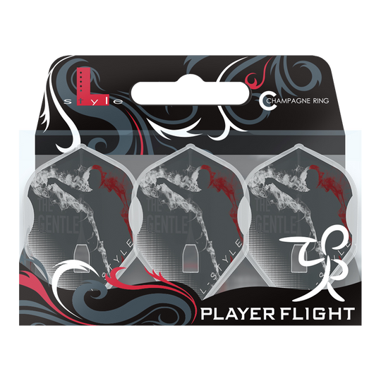 Das Bild zeigt eine Verpackung mit drei L-Style Mensur Suljovic V1 TypeA L1PRO Flights für Dartpfeile. Auf den Flights ist eine stilisierte Figur mit roter Kontur und der Schriftzug "The Gentle" zu sehen.