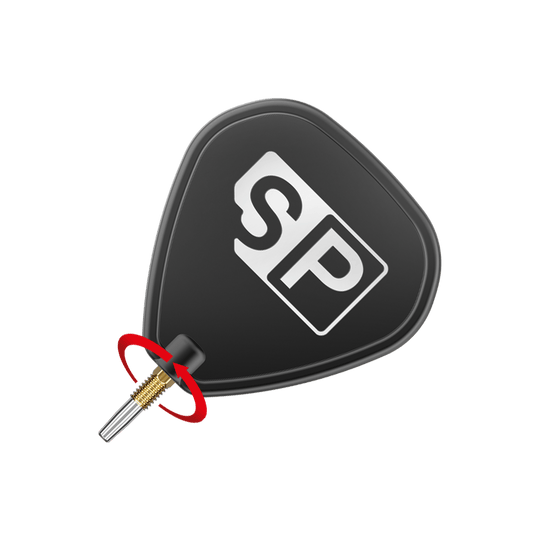 Target Swiss Point RVE darttips - Goud Das Bild zeigt eine Dartspitze mit einem schwarzen Flight, auf dem "SP" steht. Ein roter Pfeil deutet auf eine Drehbewegung an der goldenen Spitze hin.