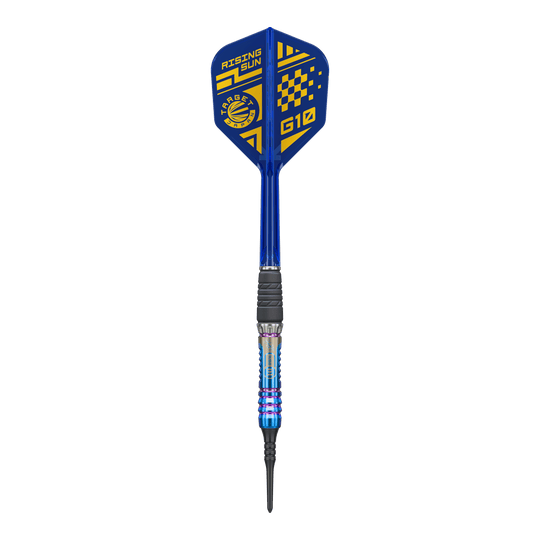 Dieses Bild zeigt den Target Japan Rising Sun GEN10 Softdarts mit 21,5g. Der Dart besticht durch seine auffällige Gestaltung und hervorragende Verarbeitung.
