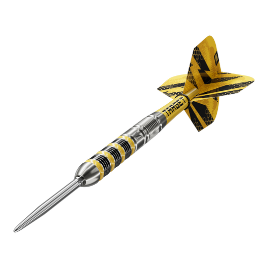 Target Buzz 01 Swiss Points stalen dartpijlen Das Foto zeigt Target Buzz 01 Swiss Points Steeldarts. Sie bieten eine gute Griffigkeit und Präzision beim Wurf.