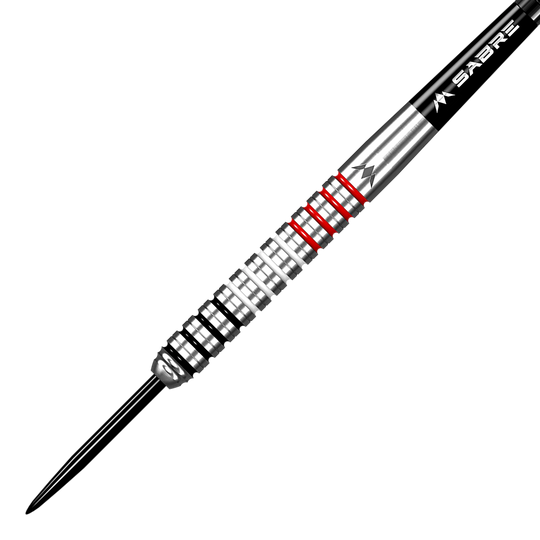 Mission Wessel Nijman stalen dartpijlen - 23g Das Bild zeigt einen Mission Wessel Nijman Steeldart mit einem Gewicht von 23 Gramm. Der Dart hat ein silbernes Barrel mit schwarzen und roten Ringen.
