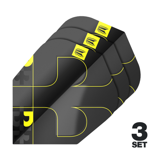 Target ProUltra Bolide Void No6 Vluchten Das Bild zeigt das Produkt "Target ProUltra Bolide Void No6 Flights" in einer schwarzen und gelben Farbkombination. Es sind drei Sets der Flights abgebildet.