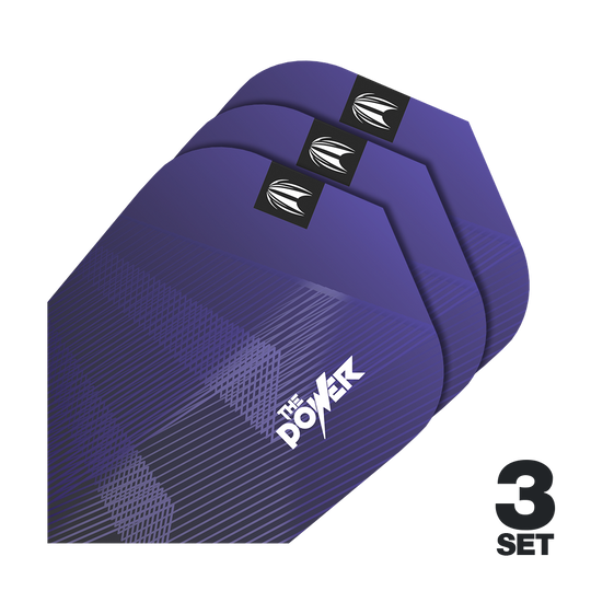 Target Pro Ultra Phil Taylor Power GEN10 Tien-X-vluchten - 3 sets Das Bild zeigt drei Sätze lila Dart-Flights mit der Aufschrift "The Power". In der unteren rechten Ecke steht "3 Set".