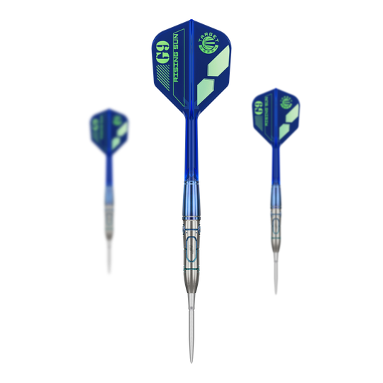 Das Bild zeigt drei Steeldarts des Modells "Target Japan Haruki Muramatsu GEN9 No Groove Swiss Point" mit einem Gewicht von 23g. Die Darts haben blaue Flights und silberne Spitzen.