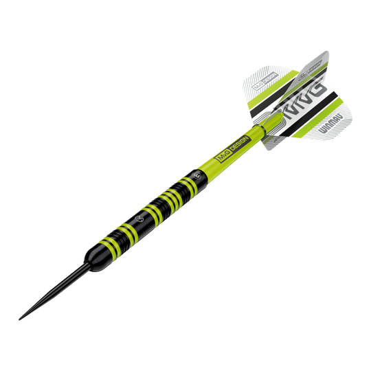 Winmau Michael Van Gerwen 85 Pro-Series stalen dartpijlen Das Bild zeigt einen Winmau Michael Van Gerwen 85 Pro-Series Steeldart. Der Dart hat ein auffälliges Design mit schwarzen und leuchtend grünen Akzenten sowie einem MVG-Logo auf den Flights.