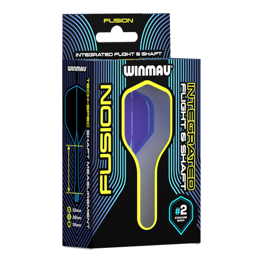 Winmau Fusion Flight Shaft System Standaard Blauw Auf dem Bild ist eine Verpackung des Winmau Fusion Integrated Flight & Shaft Systems zu sehen. Die abgebildete Variante ist blau und hat eine Länge von 22 mm (#2 Standardform).