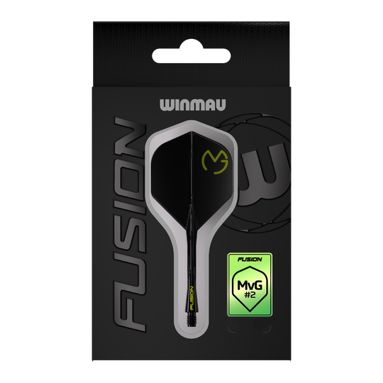 Winmau Fusion Flight Shaft-systeem Michael Van Gerwen Pacman No2 standaard Das Bild zeigt die Verpackung des Winmau Fusion Flight-Shaft-Systems Michael Van Gerwen Pacman Nr. 2 Standard. Das Produkt ist schwarz mit gelben Akzenten gestaltet und trägt das MVG-Logo.