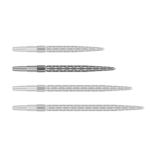 Target Swiss Diamond Pro Silver Points dartpunten Auf dem Bild sind vier silberne Dartspitzen in einer Reihe zu sehen. Sie haben ein markantes Rautenmuster auf der Oberfläche.