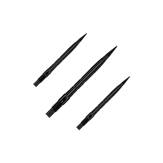 Harrows Quick Point Micro Ridge Dart Tips - Zwart Das Bild zeigt ein Set aus schwarzen Dartspitzen mit Rillen. Dieses Zubehör wird für Dartpfeile verwendet.