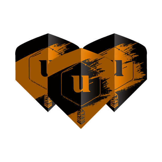 Unicorn Ultrafly 100 Team Unicorn Big Wing Vluchten - Oranje Auf dem Bild sind drei Dartflights der Marke "Unicorn Ultrafly 100 Team Unicorn Big Wing" in Orange und Schwarz zu sehen. Die Flights haben ein auffälliges Design mit einem großen "u" in der Mitte.