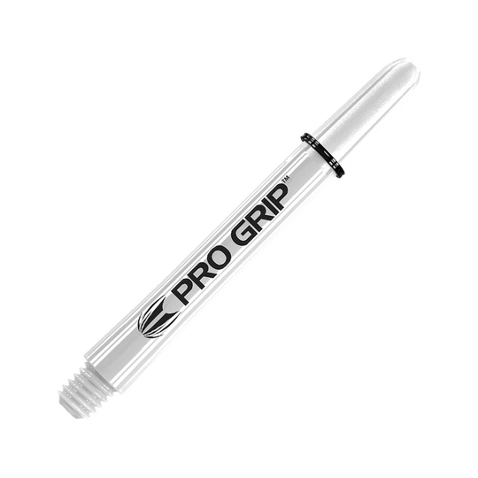 Target Pro Grip Shafts - 3 sets - Wit Dies ist ein weißer Pro Grip Dart-Schaft mit schwarzer Beschriftung. Er hat ein schlankes Design und ist mit einem Pro Grip Logo versehen.