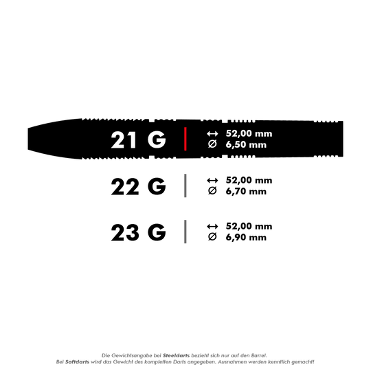 Das Bild zeigt drei unterschiedliche Dart-Gewichte: 21 g, 22 g und 23 g. Zu jedem Gewicht sind die jeweilige Länge (52,00 mm) und der jeweilige Durchmesser (6,50 mm, 6,70 mm, 6,90 mm) angegeben.