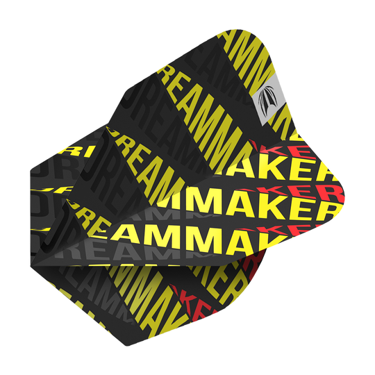 TG79_336530_Target_Pro_Ultra_Dimitri_Van_Den_Bergh_80_No6_Flights_2V8LgbDjaidFKO Das Bild zeigt die Dart-Flights "Target Pro Ultri Dimitri Van Den Bergh 80 No6". Die Flights sind schwarz mit gelbem und rotem Schriftzug "DREAMMAKER" bedruckt.