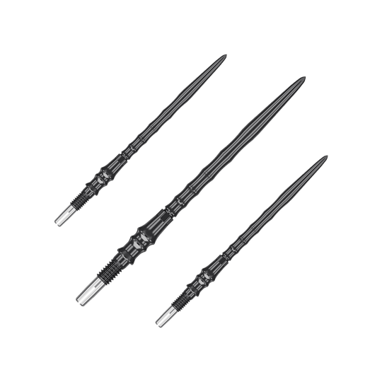 Target Japan Premium Swiss Point Steel Dartpunten - Zwart Das Bild zeigt ein Set von schwarzen Steeldartspitzen, SwissPoint, 40 mm von Target Japan Premium. Mehrere Spitzen sind nebeneinander angeordnet.