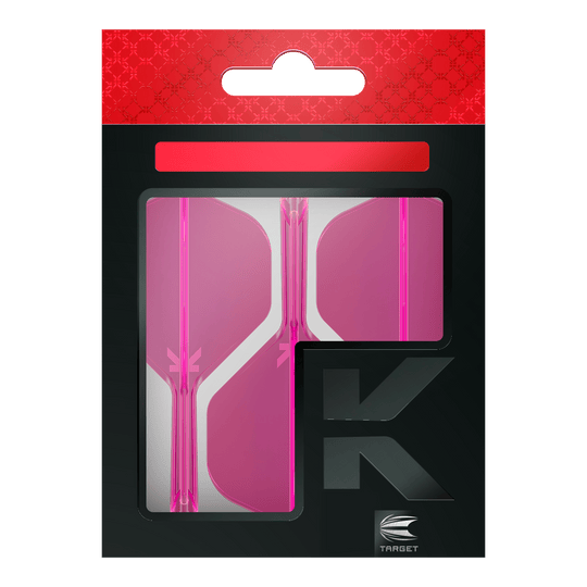 Target K-Flex No2 Standaard Vluchtsysteem - Neon Roze Das Bild zeigt eine Packung mit pinkfarbenen Dart-Flights der Marke Target. Die Verpackung ist überwiegend schwarz mit einem roten oberen Abschnitt.