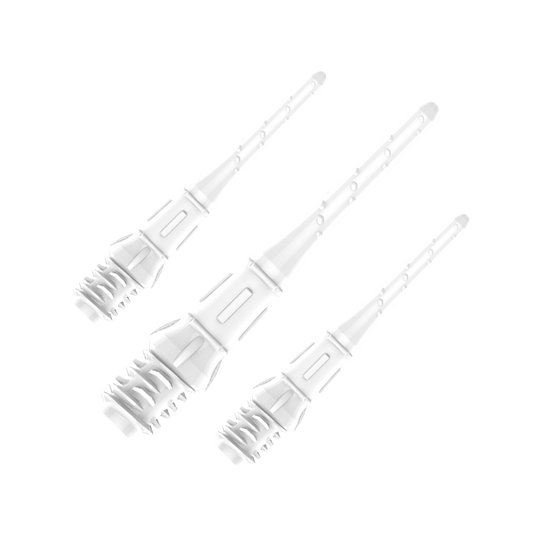 Premium Lippoints (30er Pack) - Spitzen Auf dem Bild sind drei weiße Dartspitzen zu sehen, die in einer Verpackung angeordnet sind. Die Spitzen wirken hochwertig und sind gleichmäßig ausgerichtet.