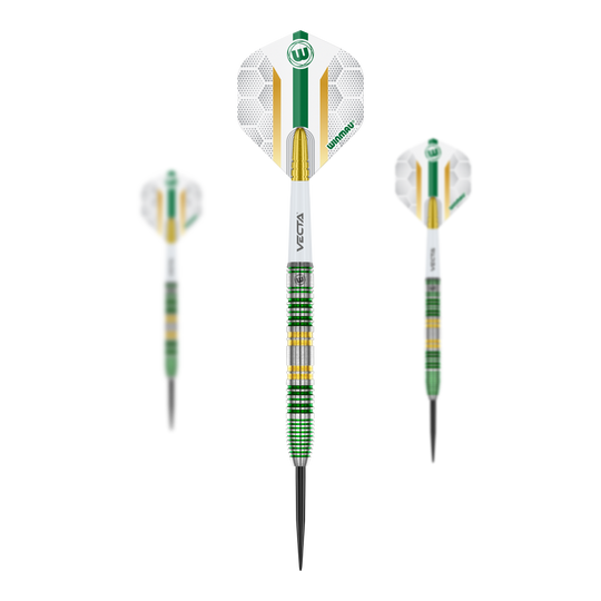 Winmau Xenon Steeldarts Das Bild zeigt ein Set Winmau Xenon Steeldarts. Die Darts sind nebeneinander platziert.