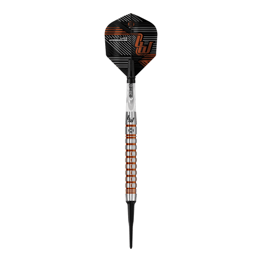 Das Bild zeigt den Harrows Luke Woodhouse Series 2 Softdart mit einem Gewicht von 18g. Der Dartpfeil hat ein modernes, silber-orangenes Design mit schwarzen Akzenten.