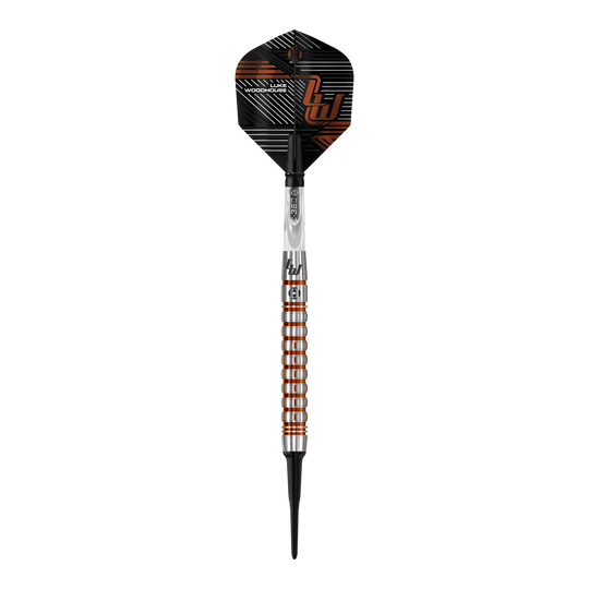 Harrow's Luke Woodhouse Series 2 Zachte Darts - 18g Das Bild zeigt den Harrows Luke Woodhouse Series 2 Softdart mit einem Gewicht von 18g. Der Dartpfeil hat ein modernes, silber-orangenes Design mit schwarzen Akzenten.